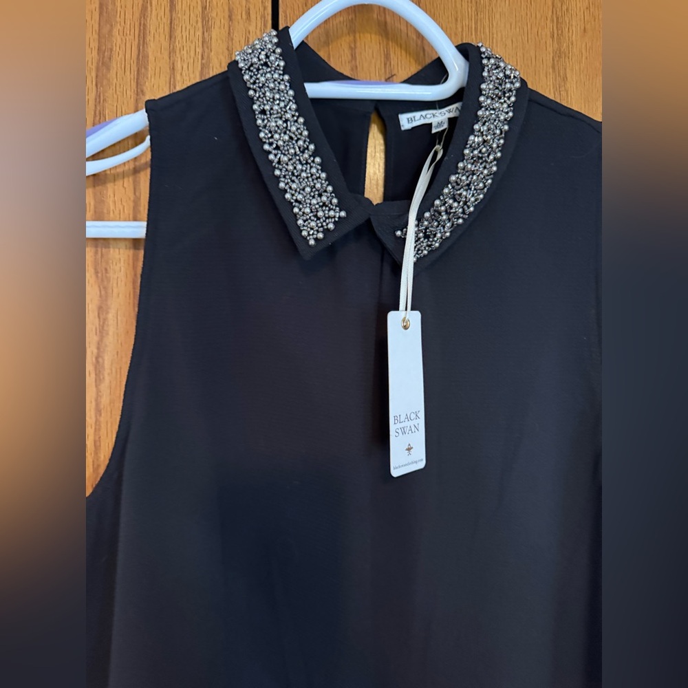 NWT Black Swan Beaded Collar Black Top